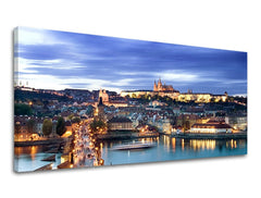 Industrijski slika na platnu s motivom PANORAMA PRAHA, arhitektura, dečji motiv, mapa, gradski motiv u plavo-žutih nijansama, pogodan za radne sobe – glavna