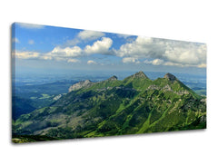 Klasičan slika na platnu s motivom PANORAMA SLOVAČKA, planine, nebo, oblaci, pejzaž u belo-plavih nijansama, mirna atmosfera, pogodan za dnevnog boravka – glavna