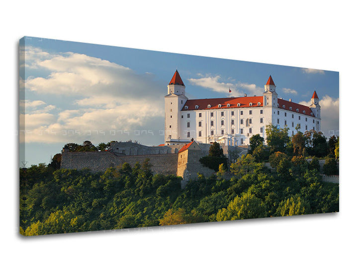 Klasičan slika na platnu s motivom PANORAMA SLOVAČKA, zamak, drveće, nebo, oblaci u belo-plavih nijansama, mirna atmosfera, pogodan za hodnika – glavna