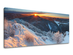 Klasičan slika na platnu s motivom PANORAMA SLOVAČKA, planine, sneg, drveće, sunce u belo-plavih nijansama, mirna atmosfera, pogodan za kancelarije – glavna