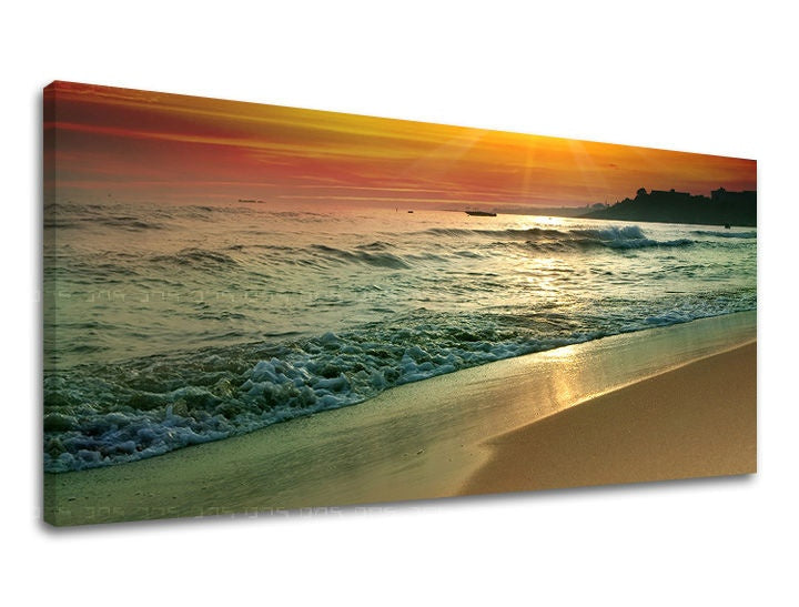 U boho stilu slika na platnu s motivom PANORAMA ZALAZAK SUNCA, okean, zalazak sunca, plaža, talasi u plavo-narandžastih nijansama, mirna atmosfera, pogodan za dnevnog boravka – glavna