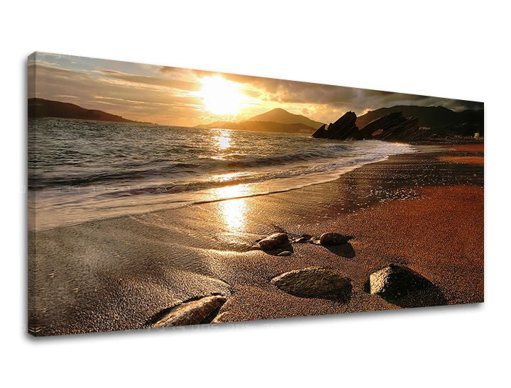 U boho stilu slika s motivom PANORAMA ZALAZAK SUNCA, plaža, okean u narandžasto-zlatnih nijansama | Slika za zid PANORAMA ZALAZAK SUNCA, priroda – pregled