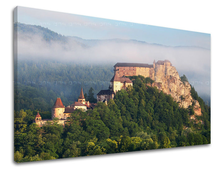Klasičan slika na platnu s motivom SLOVAČKA, zamak, šuma, izmaglica, arhitektura u bež-sivih nijansama, mirna atmosfera, priroda i samoća, pogodan za kancelarije – glavna