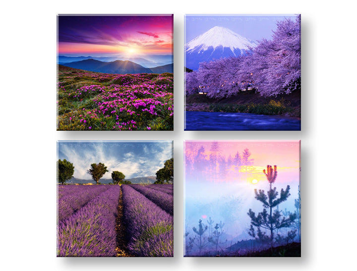 Kolaž slika na platnu s motivom Everywhere purple, planine, cveće, drveće, zalazak sunca u ljubičasto-ružičastih nijansama, mirna atmosfera, pogodan za dnevnog boravka – glavna