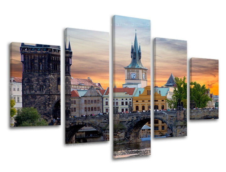 Klasičan slika na platnu s motivom GRAD PRAHA, Praha, arhitektura u višebojnih nijansama, mirna atmosfera, višedelna izvedba, pogodan za kancelarije – glavna