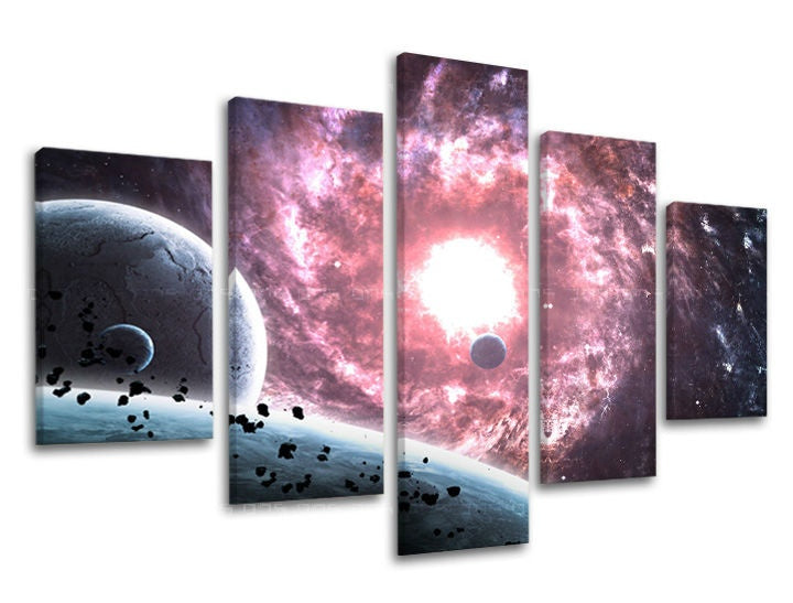 Klasičan slika na platnu s motivom zvezde, galaksija, pejzaž, priroda, svemir u belo-ljubičastih nijansama, veličanstvena atmosfera, višedelna izvedba – glavna