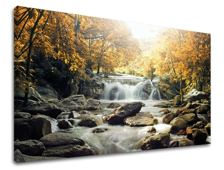Klasičan slika na platnu s motivom VODOPADI, vodopad, reka, drveće, pejzaž u belo-smeđih nijansama, mirna atmosfera, priroda, pogodan za spavaće sobe – glavna