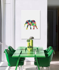 Pop art slika na platnu s motivom Meditative Dimension, slon, dečji motiv, priroda u belo-plavih nijansama okačena u enterijeru dečije sobe – enterijer