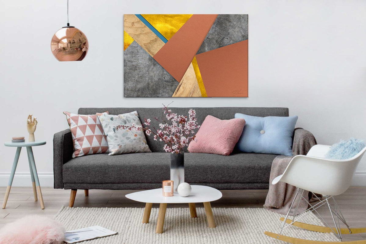 Geometrijski slika na platnu s motivom Turning Tables, priroda u belo-plavih nijansama okačena u enterijeru radne sobe, sofisticirana atmosfera – enterijer
