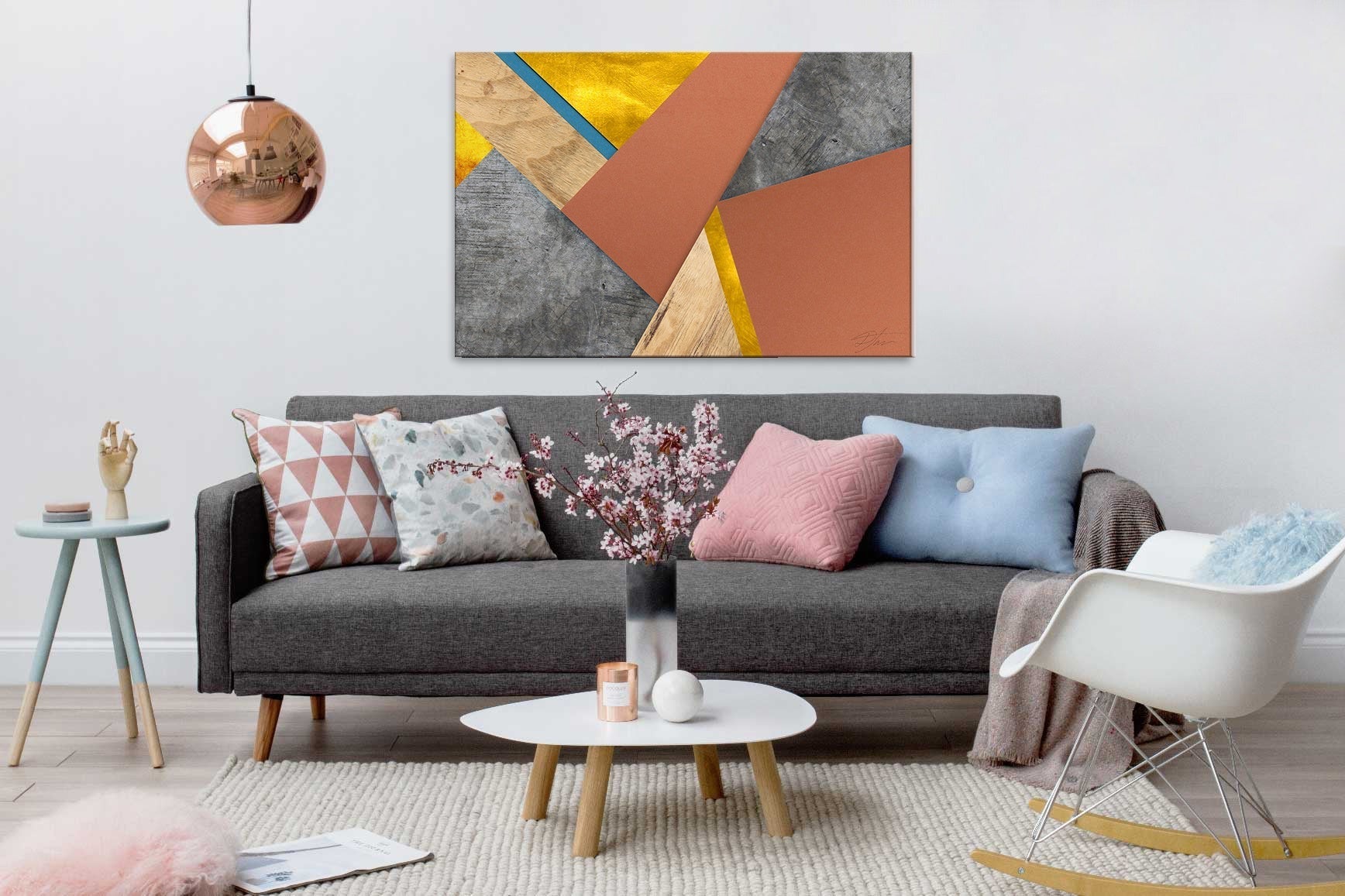 Geometrijski slika s motivom Turning Tables, priroda u belo-plavih nijansama | Slika za zid Turning Tables – pregled