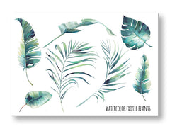 Moderan slika na platnu s motivom priroda u belo-plavih nijansama, sveža atmosfera, priroda i tropski raj, pogodan za kancelarije | Slika za zid s textom Watercolor exotic plants – glavna