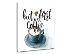 Moderan slika na platnu s motivom šolja kafe u belo-smeđih nijansama, ugodna atmosfera | Slika za zid s textom But first coffee – proizvod