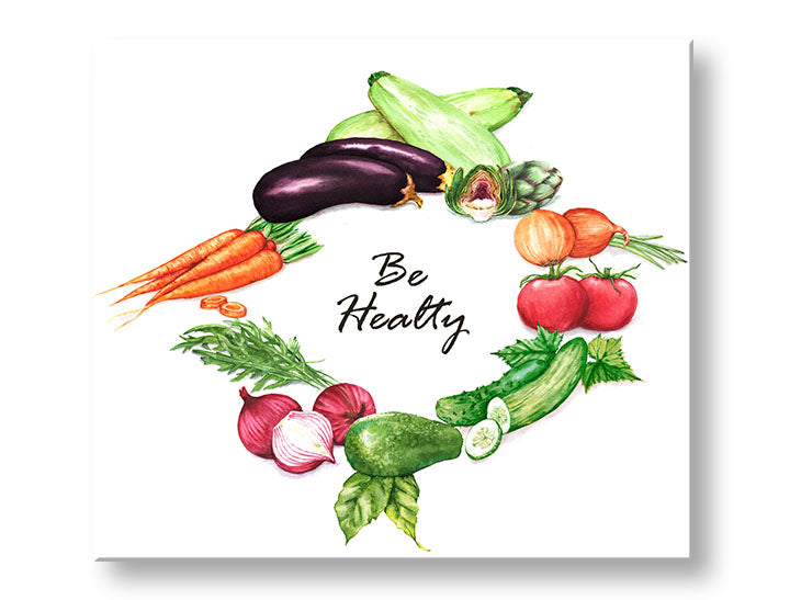 Moderan slika na platnu s motivom slavna ličnost u belo-ljubičastih nijansama, sveža atmosfera, pogodan za kuhinje | Slika za zid s textom Be healthy – glavna