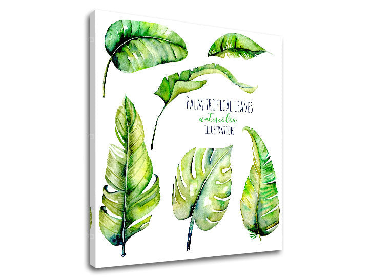 Moderan slika na platnu s motivom priroda u belo-zelenih nijansama, sveža atmosfera, priroda i tropski raj, pogodan za dnevnog boravka | Slika za zid s textom Palm tropical leaves – proizvod
