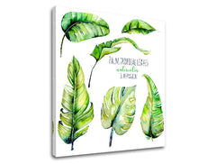 Moderan slika na platnu s motivom priroda u belo-zelenih nijansama, sveža atmosfera, priroda i tropski raj, pogodan za dnevnog boravka | Slika za zid s textom Palm tropical leaves – proizvod