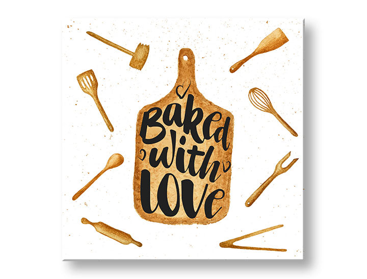 Rustikalan slika na platnu u belo-smeđih nijansama, ugodna atmosfera, ljubav, pogodan za kuhinje | Slika za zid s textom Baked with love – glavna