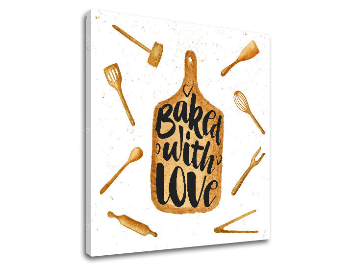 Rustikalan slika na platnu u belo-smeđih nijansama, ugodna atmosfera, ljubav, pogodan za kuhinje | Slika za zid s textom Baked with love – proizvod