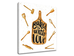 Rustikalan slika na platnu u belo-smeđih nijansama, ugodna atmosfera, ljubav, pogodan za kuhinje | Slika za zid s textom Baked with love – proizvod