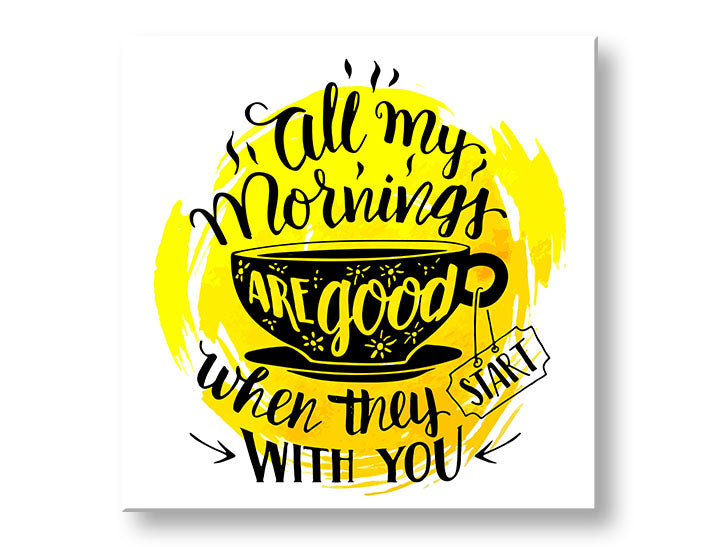 Moderan slika na platnu s motivom šolja kafe, dečji motiv u crno-žutih nijansama, vesela atmosfera, romantika, pogodan za kuhinje | Slika za zid s textom All my mornings – glavna