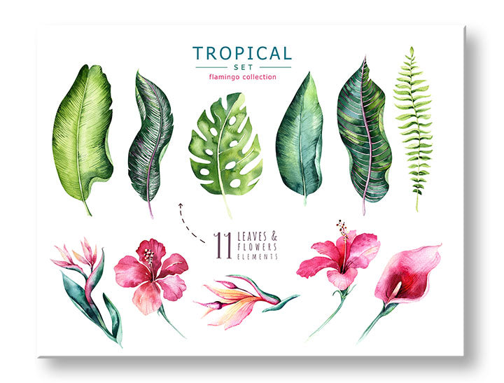 Pop art slika na platnu s motivom cveće, priroda u belo-ružičastih nijansama, sveža atmosfera, priroda i tropski raj, pogodan za dnevnog boravka | Slika za zid s textom Tropical set flamingo – glavna