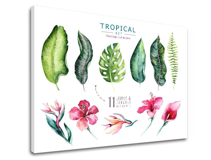 Pop art slika s motivom cveće, priroda u belo-ružičastih nijansama | Slika za zid s textom Tropical set flamingo, priroda i tropski raj – pregled