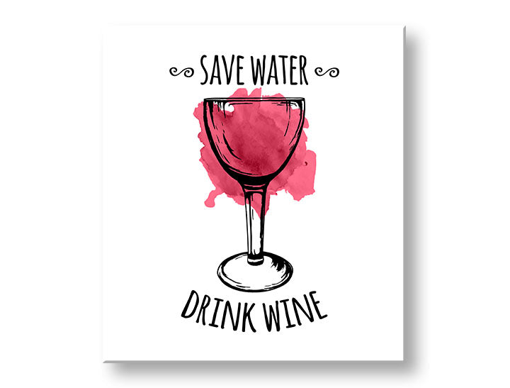 Moderan slika na platnu s motivom čaša vina, priroda u belo-crvenih nijansama, razigrana atmosfera, minimalizam, pogodan za kuhinje | Slika za zid s textom Save water – Drink Wine – glavna