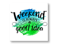 Moderan slika na platnu s motivom dečji motiv u plavo-zelenih nijansama, vesela atmosfera, vreme, pogodan za kuhinje | Slika za zid s textom Weekend – glavna