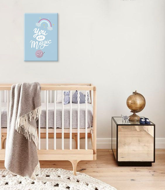 U boho stilu slika s motivom ZA DECU, duga, oblaci u belo-plavih nijansama | Slika za zid ZA DECU, snovi – pregled
