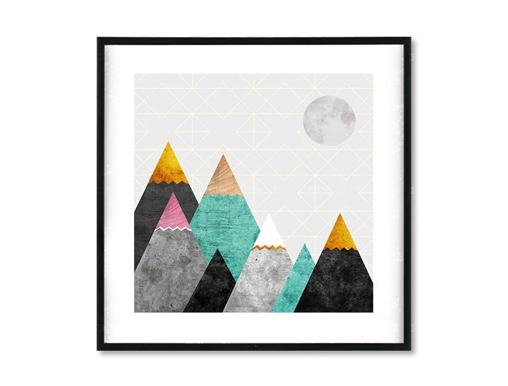Rustikalan slika na platnu s motivom Moonlight, planine, mesec, geometrijski uzorci, mapa u ružičasto-sivih nijansama, mirna atmosfera, pogodan za dečije sobe – glavna