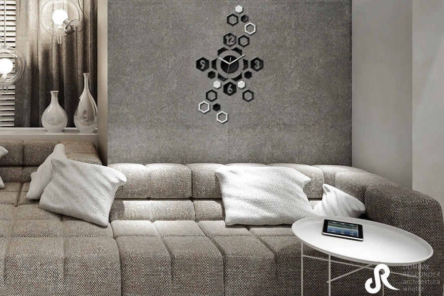 Moderan slika s motivom HEXAGON, dečji motiv u belo-srebrnih nijansama | Moderan zidni sat HEXAGON, vreme i minimalizam – pregled