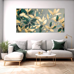 Sa zlatnim tiskom slika na platnu s motivom Príroda v Odtieňoch Luxusu, lišće, grane, priroda u sivo-zelenih nijansama, elegantna atmosfera, pogodan za dnevnog boravka – proizvod