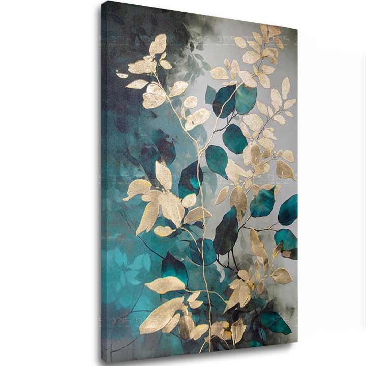 Sa zlatnim tiskom slika na platnu s motivom Šepot Prírody, lišće, grane, priroda u plavo-sivih nijansama, elegantna atmosfera, pogodan za radne sobe – glavna