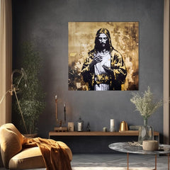 Sa zlatnim tiskom slika na platnu s motivom Strength of Christ, pejzaž, religiozni motiv u belo-zlatnih nijansama, svečana atmosfera, pogodan za dnevnog boravka – proizvod