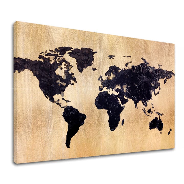 Sa zlatnim tiskom slika na platnu s motivom World in Gold, mapa sveta, putnički motiv, mapa, priroda u zlatno-crnih nijansama, pogodan za kancelarije – glavna