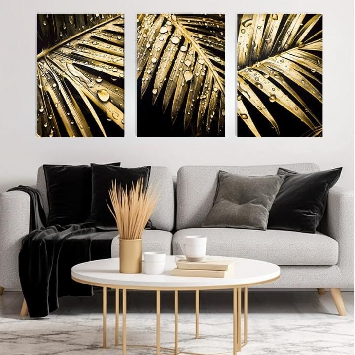 Sa zlatnim tiskom slika na platnu s motivom Secret of the Nature, pejzaž, priroda u zlatno-crnih nijansama, elegantna atmosfera, trodelna izvedba – proizvod
